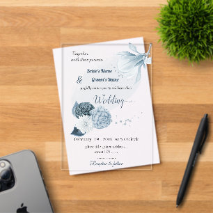 navy dusty blue flowers botanical wedding acrylic invitations