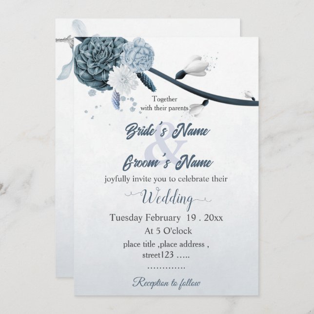 navy dusty blue flowers botanical wedding invitation (Front/Back)