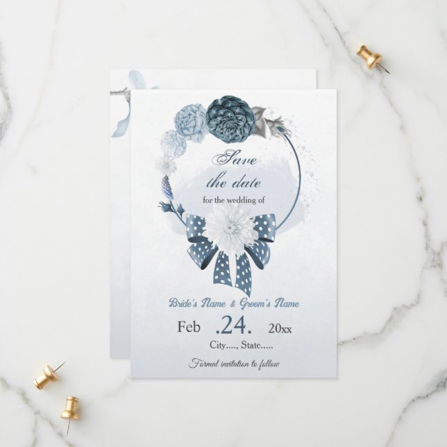 navy dusty blue flowers botanical wedding save the date (Front/Back In Situ)