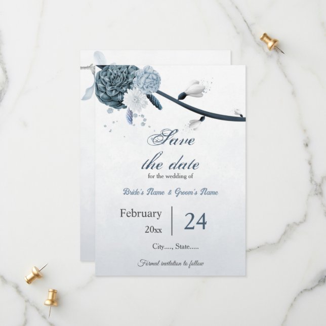 navy dusty blue flowers botanical wedding save the date (Front/Back In Situ)