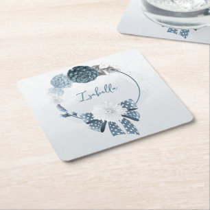 navy dusty blue flowers botanical wedding square paper coaster