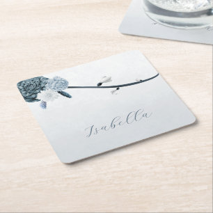 navy dusty blue flowers botanical wedding square paper coaster