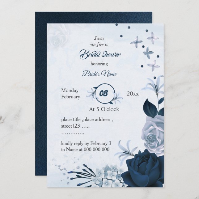 navy &dusty blue flowers bridal shower invitation (Front/Back)