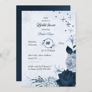 navy &dusty blue flowers bridal shower invitation