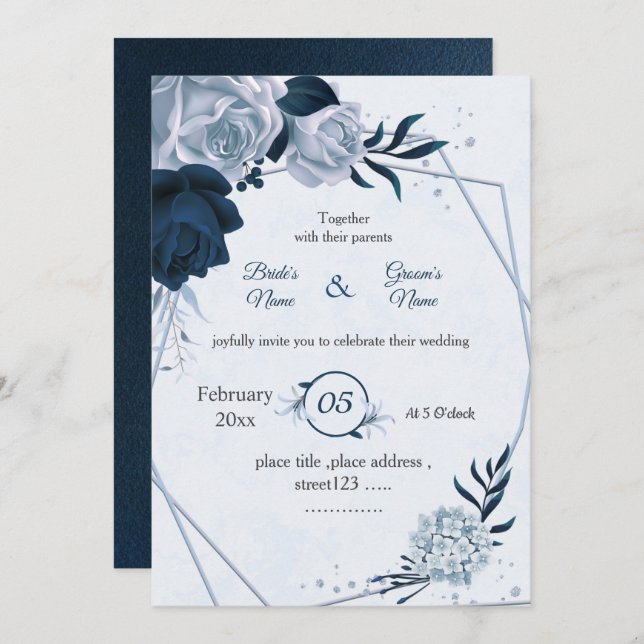 navy & dusty blue flowers geometric wedding invitation (Front/Back)