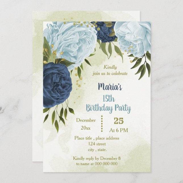 navy dusty blue flowers green leaves birthday invitation (Front/Back)