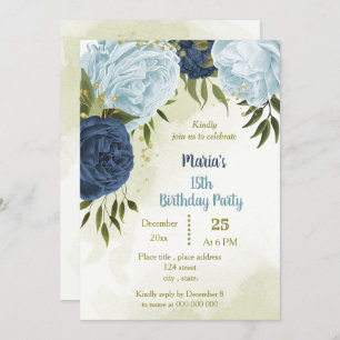 navy dusty blue flowers green leaves birthday invitation