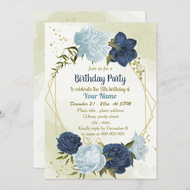 navy dusty blue flowers green leaves birthday invitation (Front/Back)