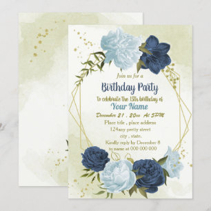 navy dusty blue flowers green leaves birthday invitation