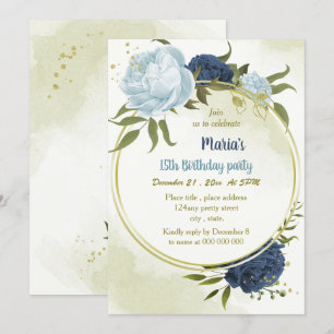navy dusty blue flowers green leaves birthday invitation