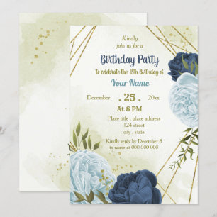 navy dusty blue flowers green leaves birthday invitation