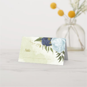 navy dusty blue flowers green leaves place card