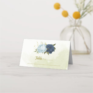 navy dusty blue flowers green leaves place card