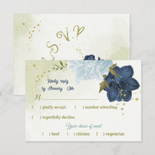 navy dusty blue flowers green leaves RSVP card