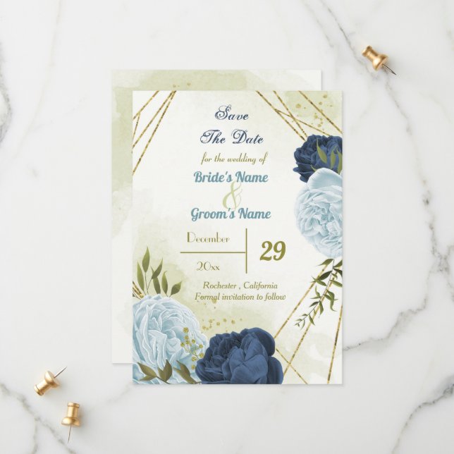 navy dusty blue flowers green leaves save the date (Front/Back In Situ)