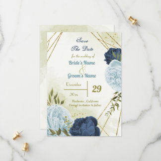 navy dusty blue flowers green leaves save the date