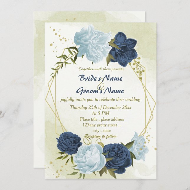 navy dusty blue flowers green leaves wedding invitation (Front/Back)