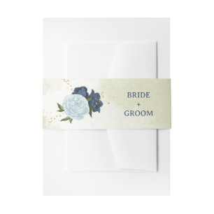 navy dusty blue flowers green leaves wedding invitation belly band