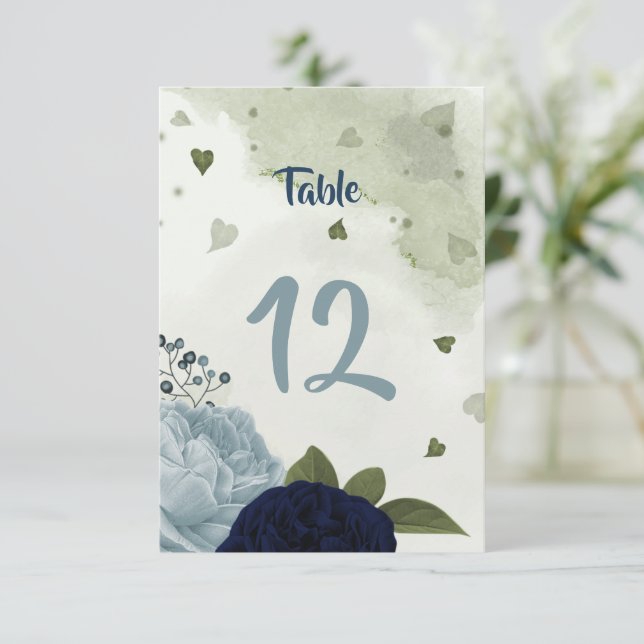 navy & dusty blue flowers green table number (Standing Front)