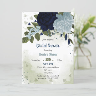 navy & dusty blue flowers greenery bridal shower invitation