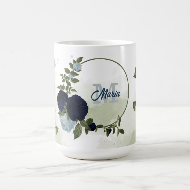 navy &dusty blue flowers greenery monogram coffee mug (Center)
