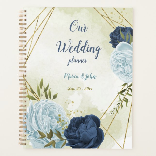 Navy & dusty blue flowers greenery wedding planner (Front)
