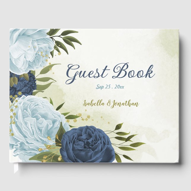 navy dusty blue flowers  guest book (Front)