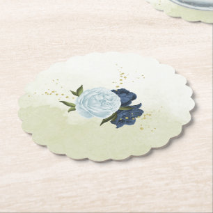 navy dusty blue flowers wedding paper coaster