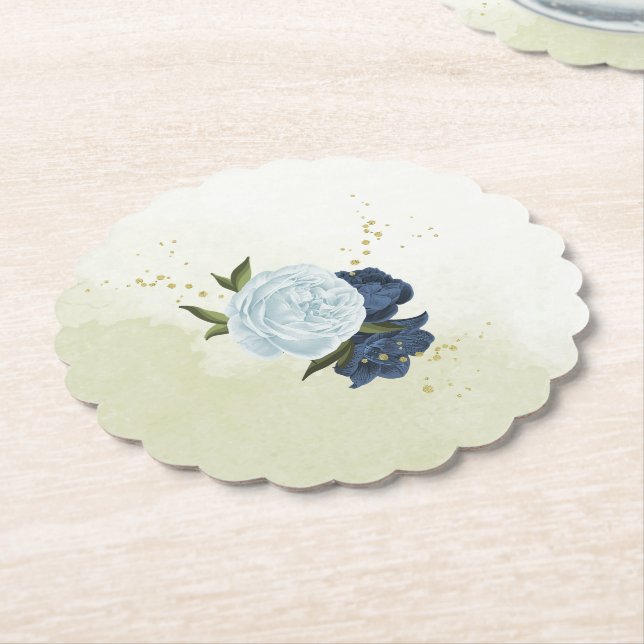 navy dusty blue flowers wedding paper coaster (Angled)