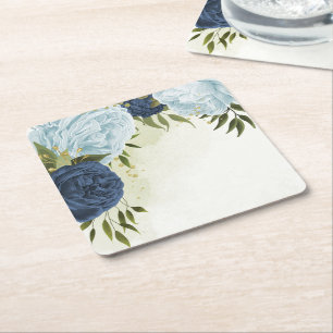 navy dusty blue flowers wedding square paper coaster