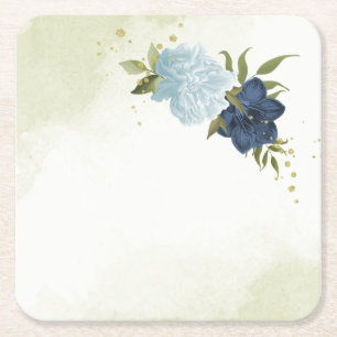 navy dusty blue flowers wedding square paper coaster