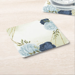 navy dusty blue flowers wedding square paper coaster