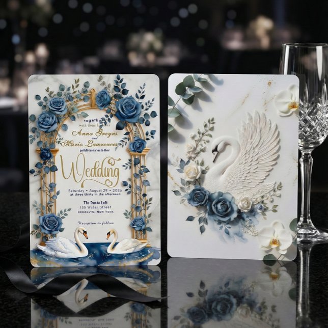 Navy Dusty Blue Gold Faux Foil Floral Swan Wedding Invitation (Creator Uploaded)