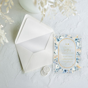 Navy Dusty Blue Gold Floral Spring Bloom Wedding  Acrylic Invitations