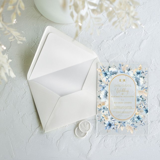 Navy Dusty Blue Gold Floral Spring Bloom Wedding  Acrylic Invitations (Creator Uploaded)