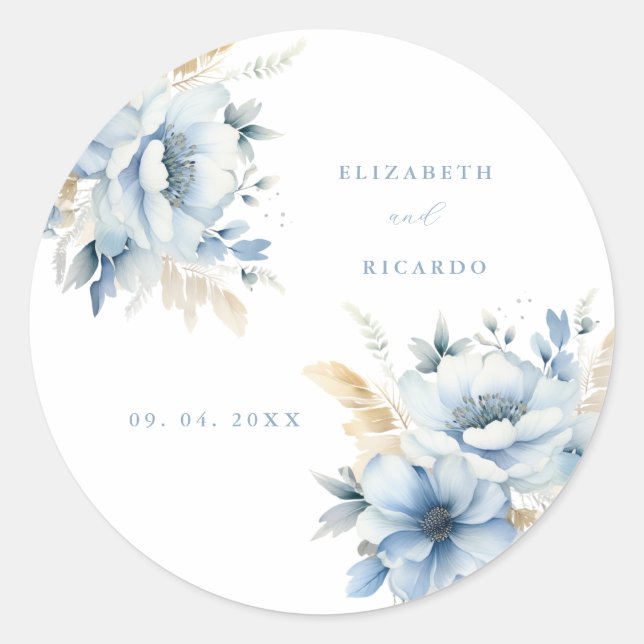 Navy Dusty Blue Gold Floral Spring Bloom Wedding Classic Round Sticker (Front)