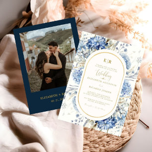 Navy Dusty Blue Gold Floral Spring Bloom Wedding Invitation