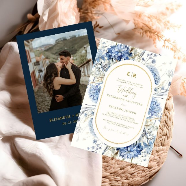 Navy Dusty Blue Gold Floral Spring Bloom Wedding  Invitation (Creator Uploaded)
