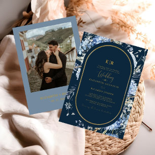 Navy Dusty Blue Gold Floral Spring Bloom Wedding Invitation