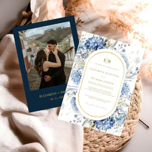 Navy Dusty Blue Gold Floral Spring Bloom Wedding  Invitation