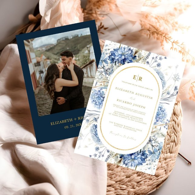 Navy Dusty Blue Gold Floral Spring Bloom Wedding  Invitation (Creator Uploaded)
