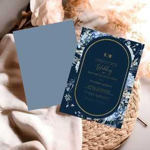 Navy Dusty Blue Gold Floral Spring Bloom Wedding Invitation