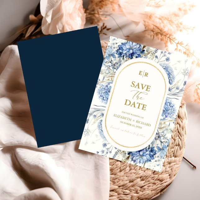 Navy Dusty Blue Gold Floral Spring Bloom Wedding  Invitation (Creator Uploaded)