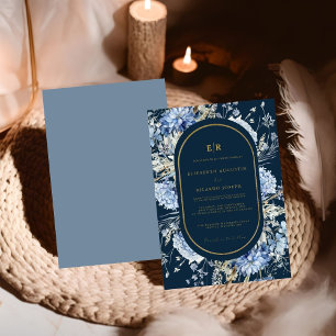 Navy Dusty Blue Gold Floral Spring Bloom Wedding Invitation
