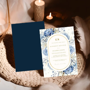 Navy Dusty Blue Gold Floral Spring Bloom Wedding Invitation