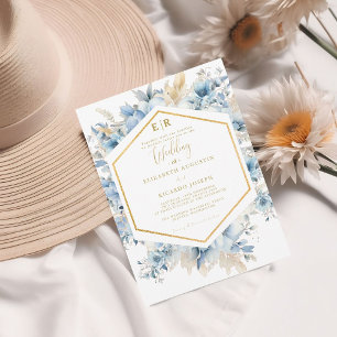 Navy Dusty Blue Gold Floral Spring Bloom Wedding Invitation