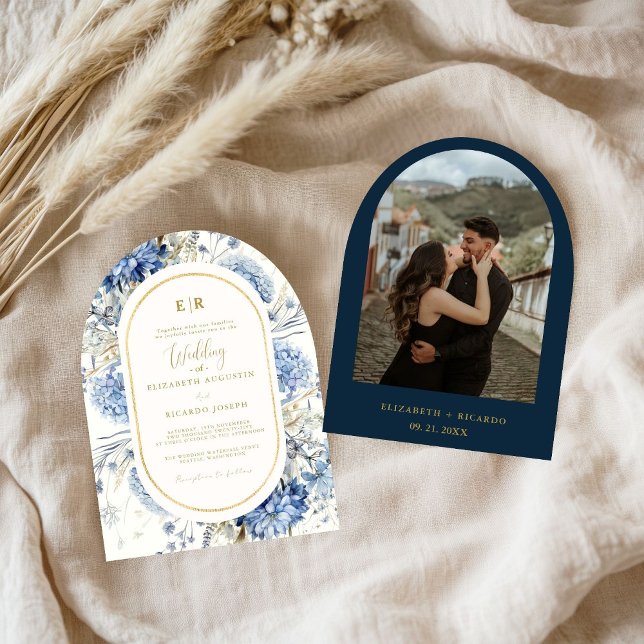 Navy Dusty Blue Gold Floral Spring Bloom Wedding  Invitation (Creator Uploaded)