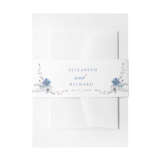 Navy Dusty Blue Gold Floral Spring Bloom Wedding Invitation Belly Band (Front Example)