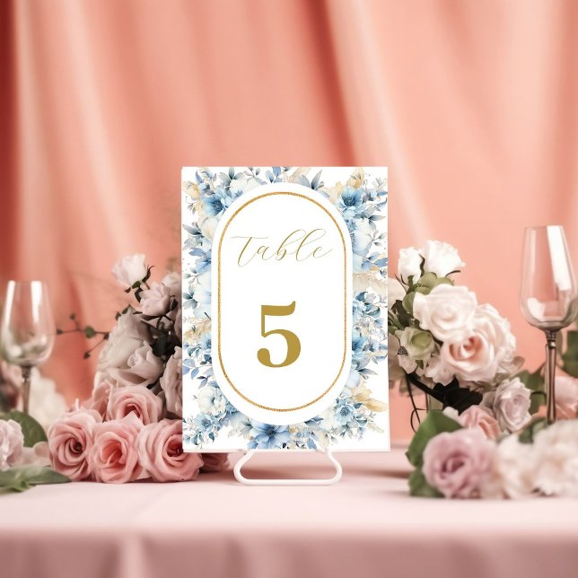 Navy Dusty Blue Gold Floral Spring Bloom Wedding Table Number (Creator Uploaded)