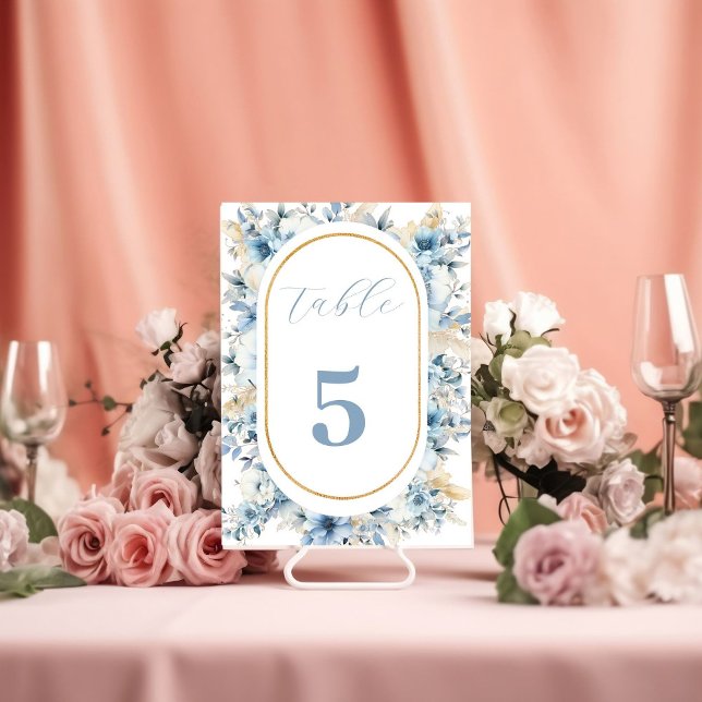 Navy Dusty Blue Gold Floral Spring Bloom Wedding Table Number (Creator Uploaded)